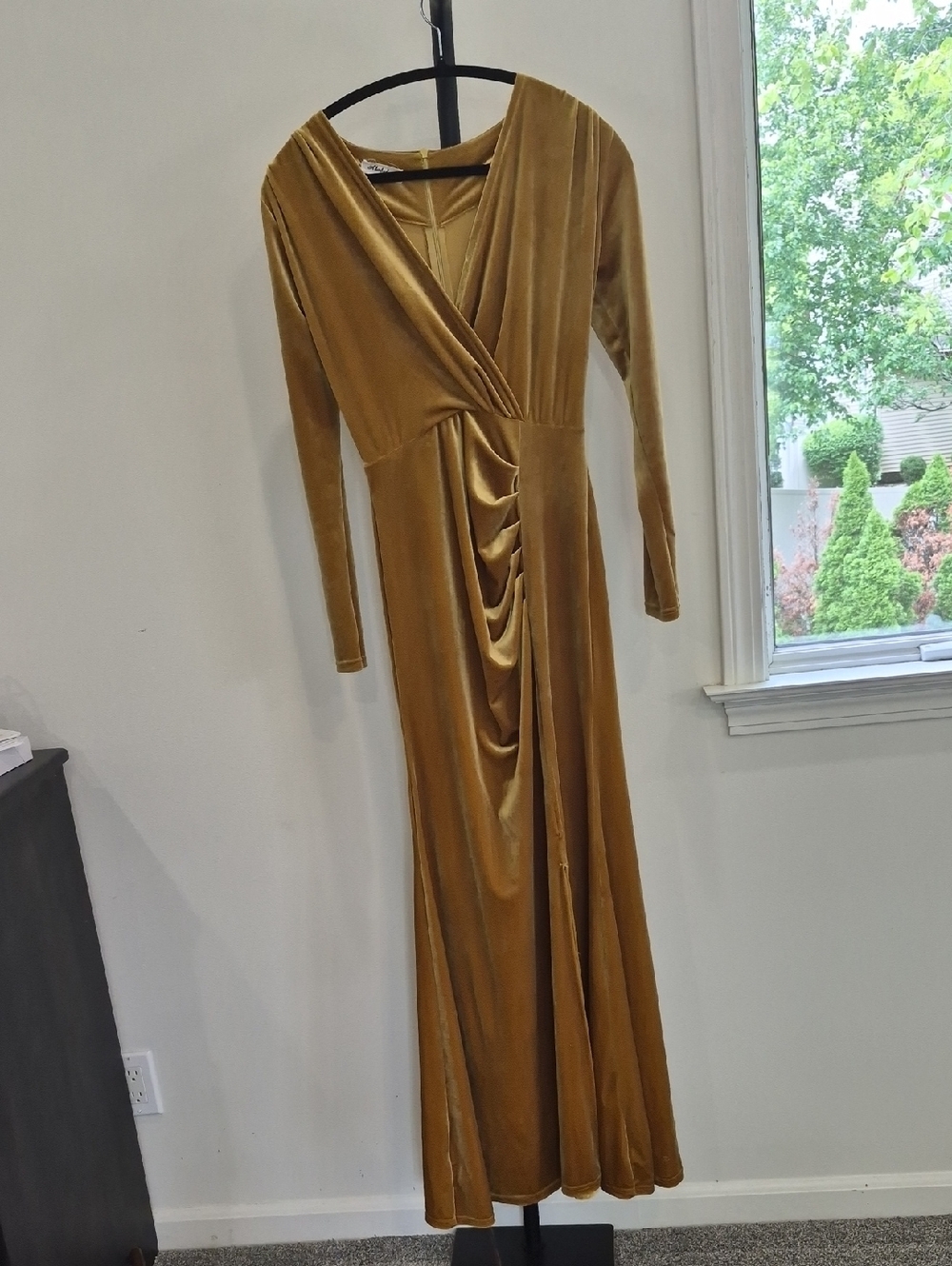 Draped Velvet Long-Sleeve Maxi Dress in Mustard